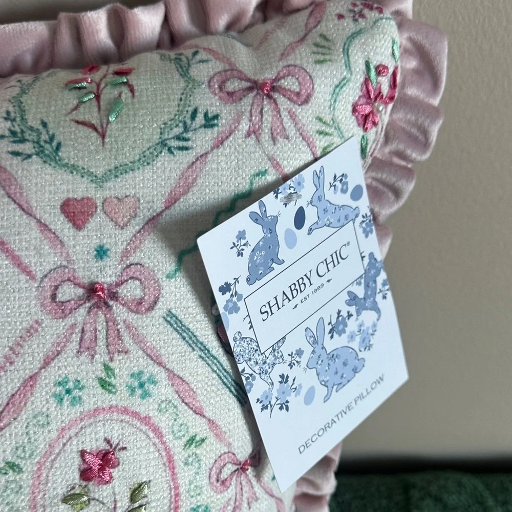 Shabby Chic Easter Egg 🥚 Pillow Pink Ribbon Bow Green Rose Ruffle Trim NEW!